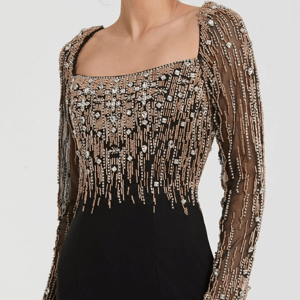 MAC DUGGAL 2256 Black Beaded Square Neck Long Sleeve Jersey Gown Size 8
