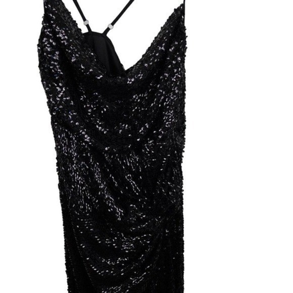 NWT PrettyLittleThing Sequin Cowl High Split Midi Dress 12 Black Formal LBD