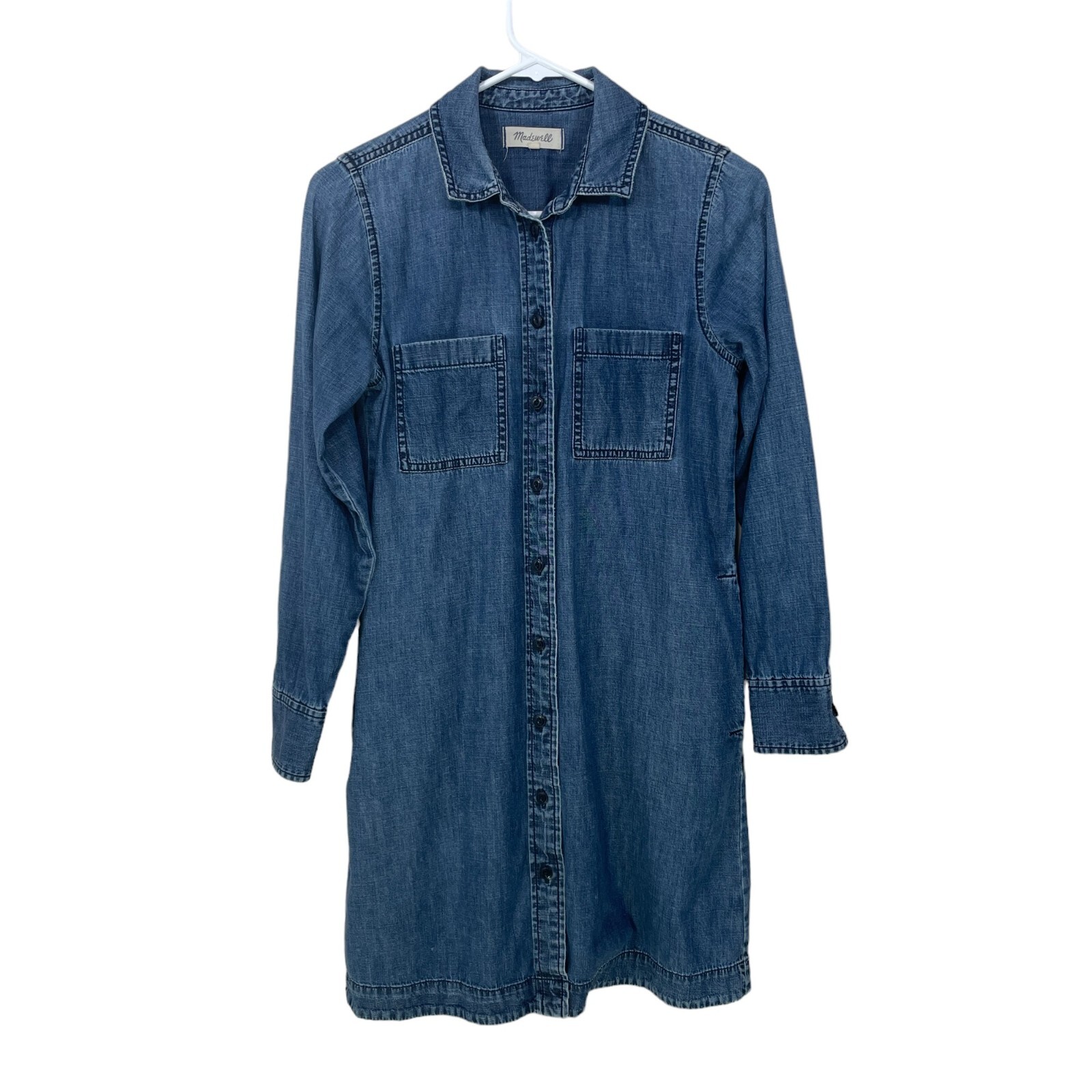 Madewell Size XS Blue Denim Chambray Shirt Dress Long Sleeve Side Pockets