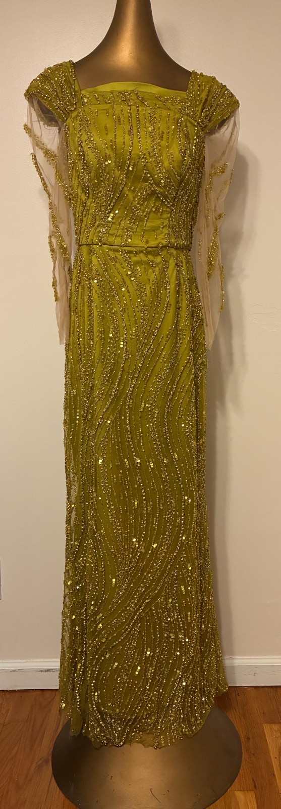 Olive Green Gold Beaded Sequin Evening Gown Sz M 6 Formal Maxi Dress Custom Made