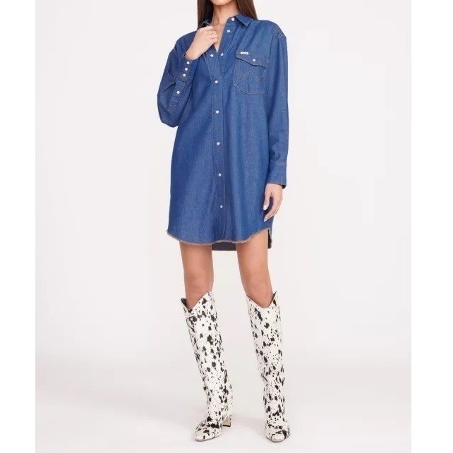 Wrangler x Staud Oversized Western Denim Shirt Dress Pearl Snap Blue Size XS NEW