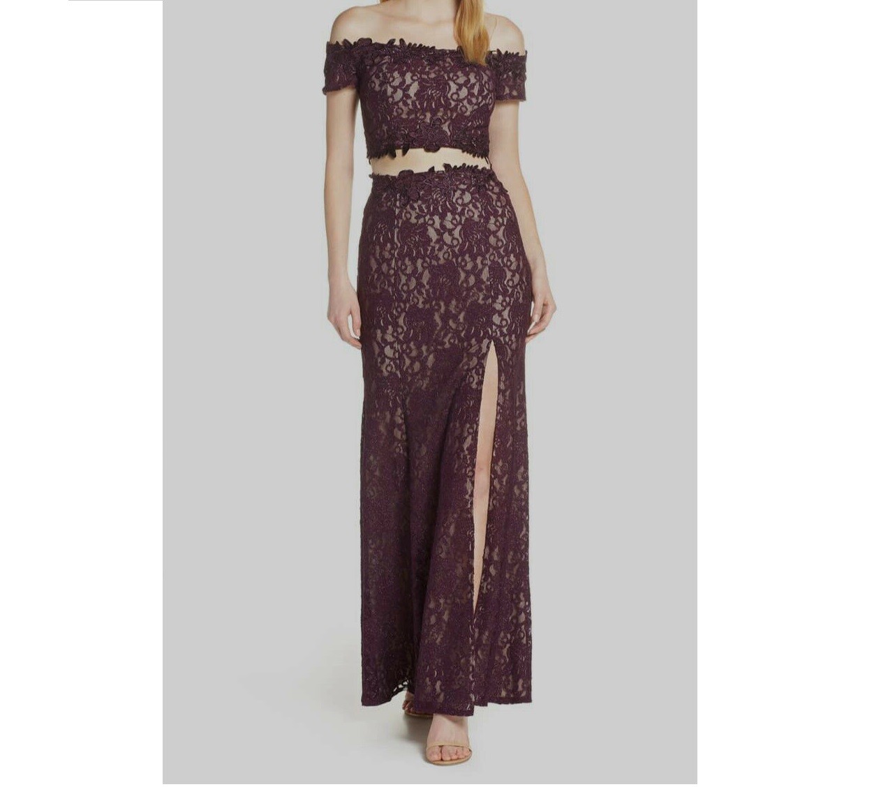 Sequin Hearts Junior Womens 9 Eggplant Off The Shoulder 2 PC Lace Gown NWT