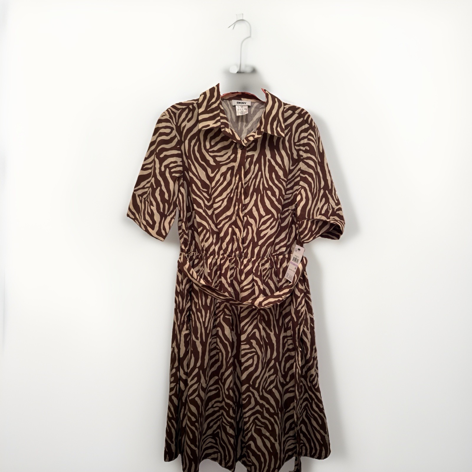 DKNY Zebra Print Midi Shirt Dress Brown Ivory Short Sleeve Belted NWT Size 6