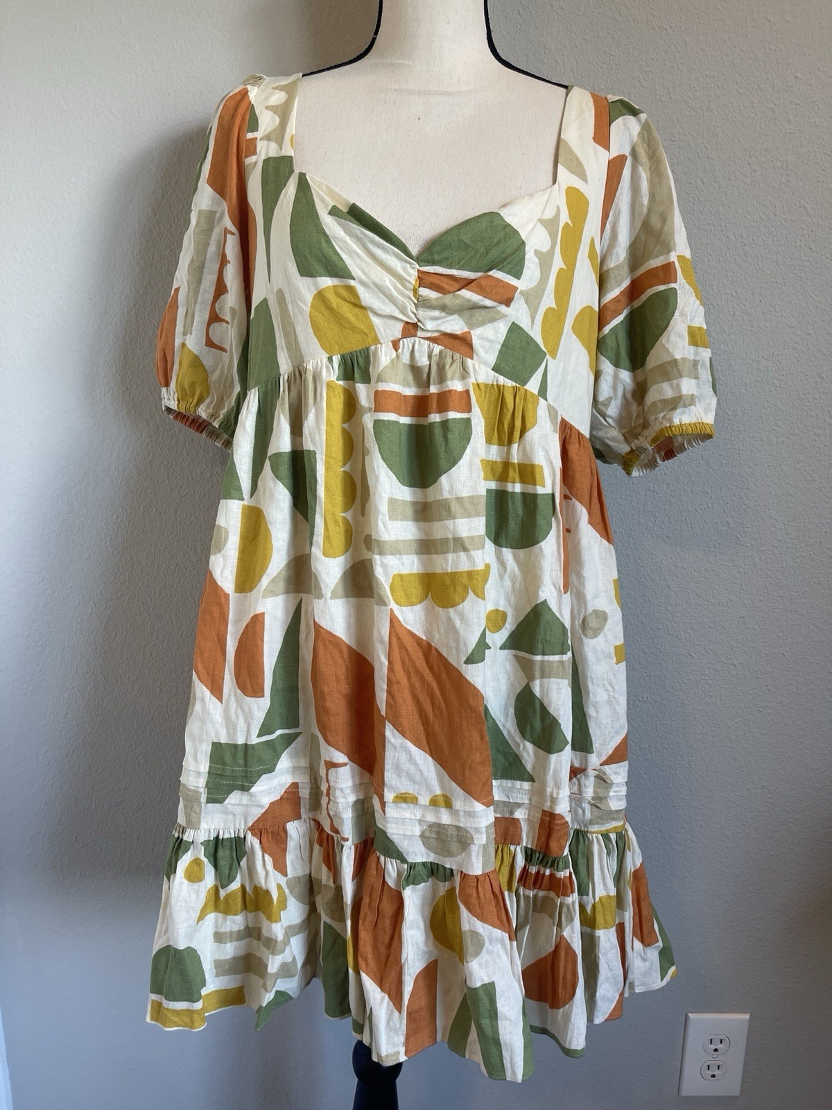 Gianni Bini Women’s Sz 12 Tory Linen Blend A-Line Sweetheart Dress Geometric