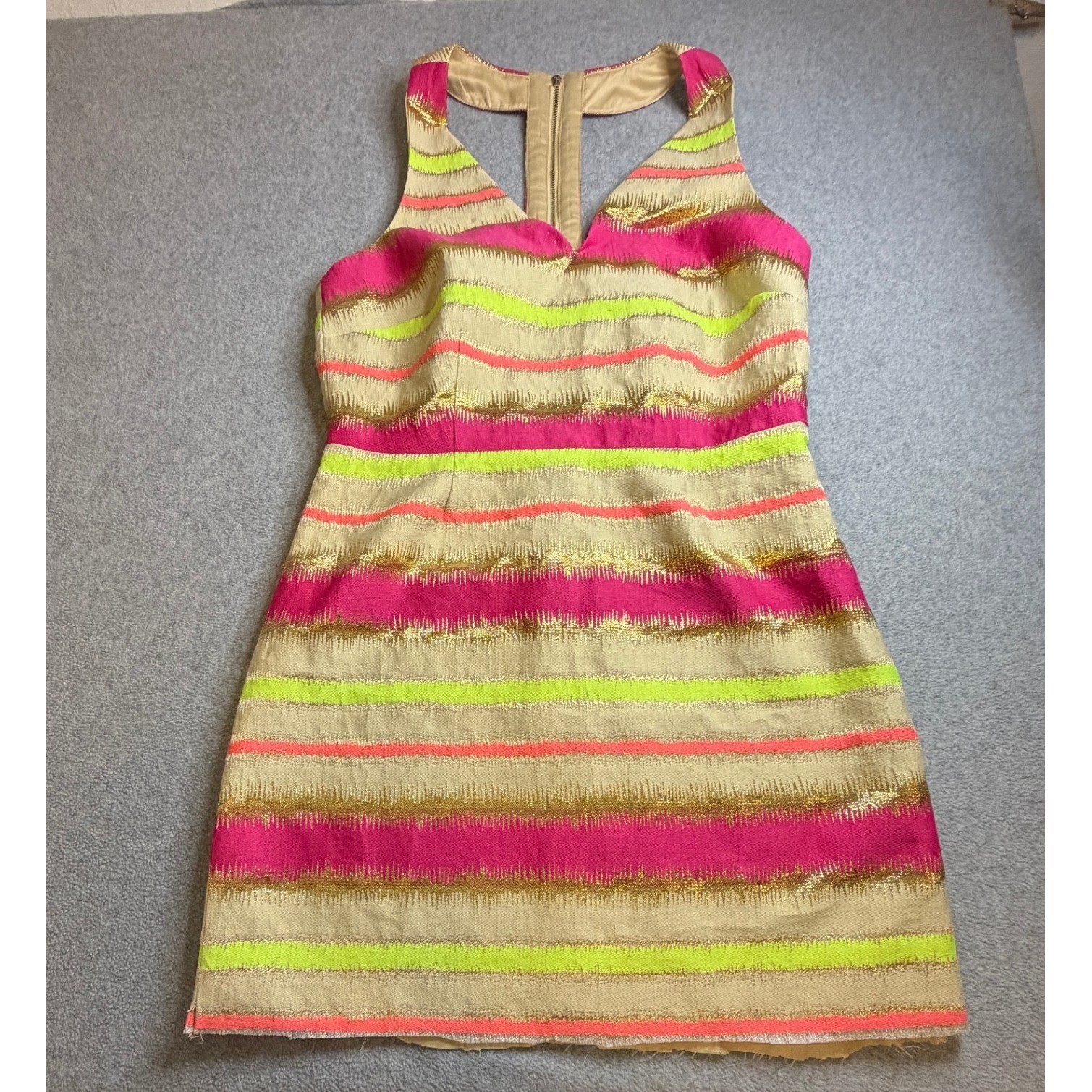 Laundry by Shelli Segal Neon Pink Gold Metallic Striped Mini Dress Size 10