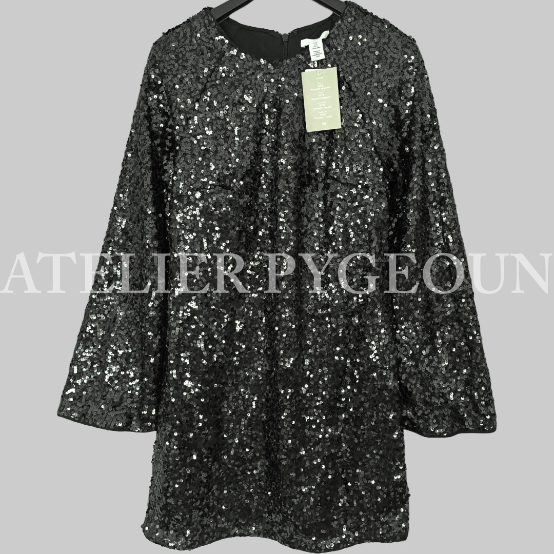 NWT H&M ’23 Holiday Dark Green Sequin Dress Flared Sleeves Sz XS, S,M,L, XL, XXL