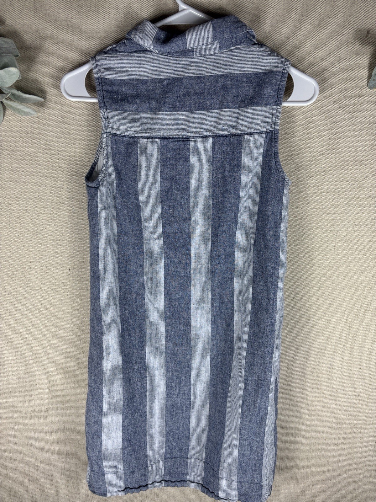 Beach Lunch Lounge Sleeveless Button-Front Striped Linen Dress Blue Extra Small
