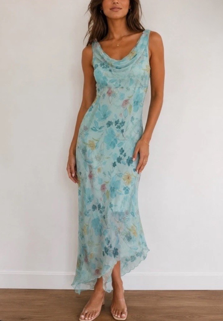 My Michelle Dress Asymmetrical Floral Blue Cowl Neck Vintage Y2K 5/6