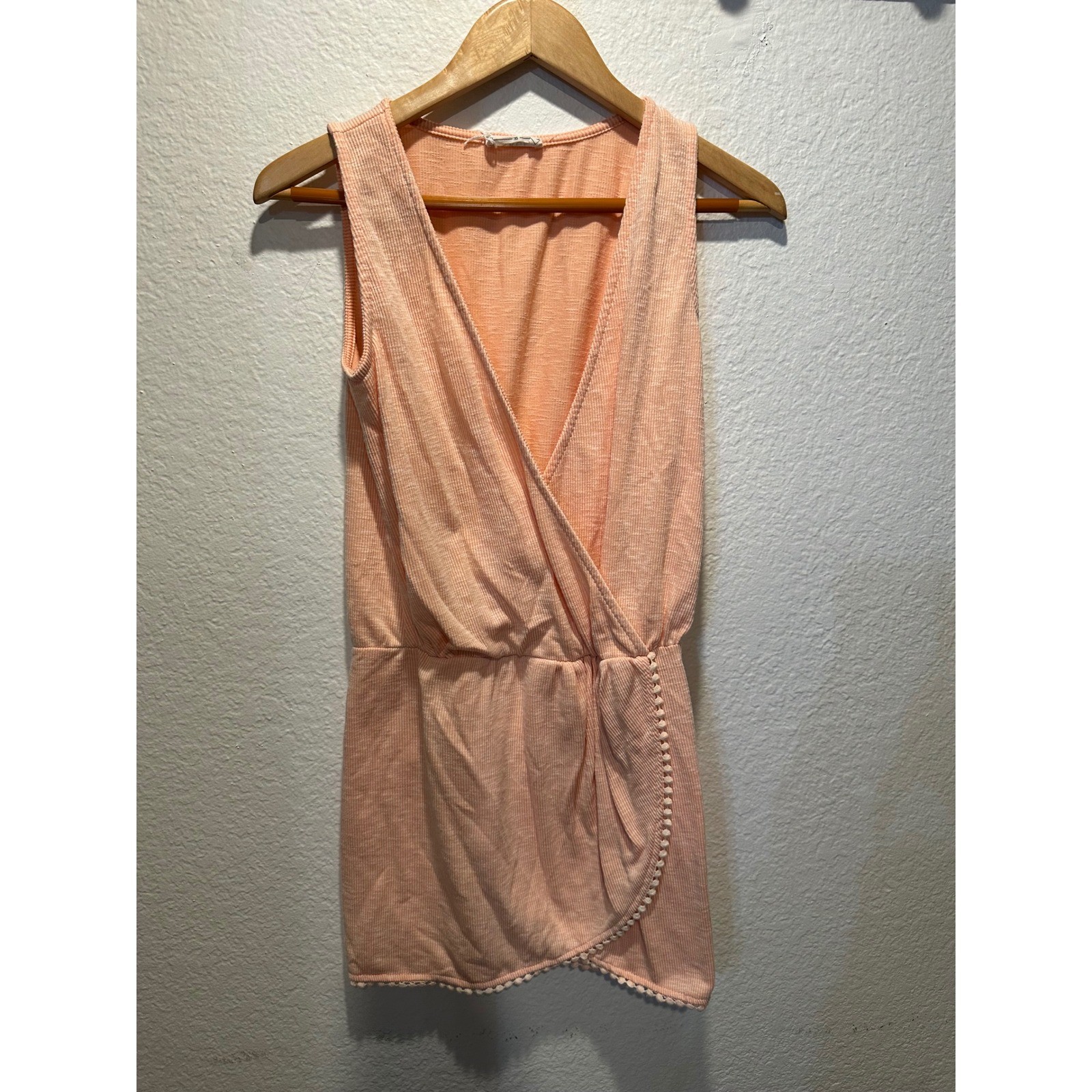 Lulu Sage The Label Peach Ribbed Sleeveless Wrap Dress Pom Pom Trim XS