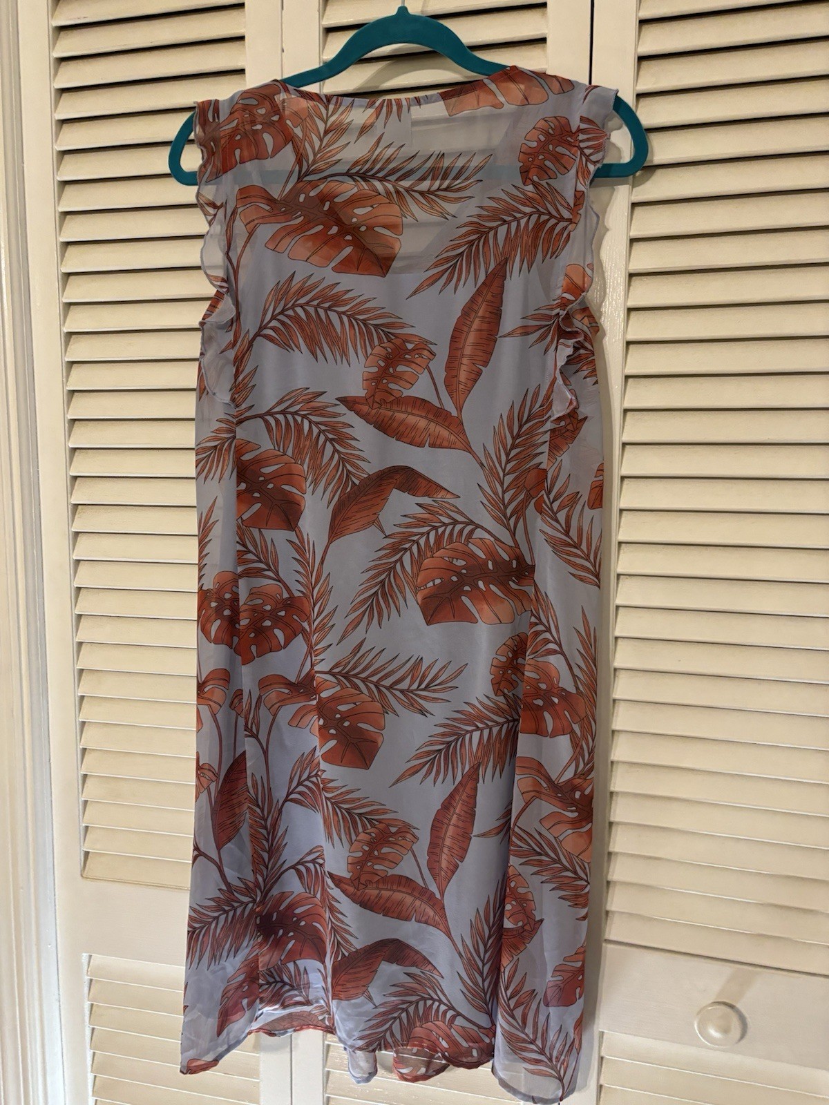 Cabi Light Blue Brown Leaf Print Ruffle Sleeveless Knee Length A-Line Dress S