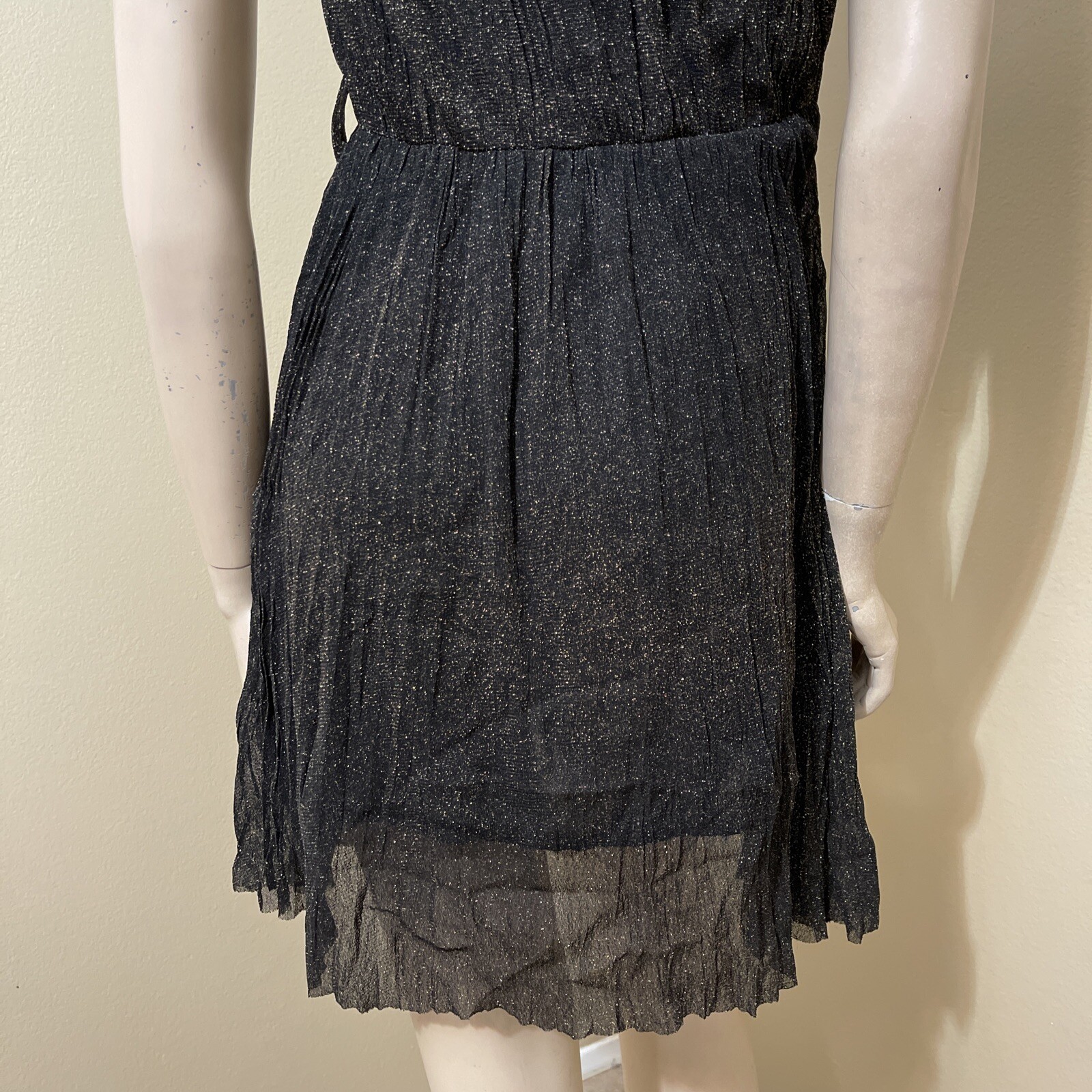 Women’s Black Polyester Cocktail Layered Pleated Open On Tie Midi Size S Dress