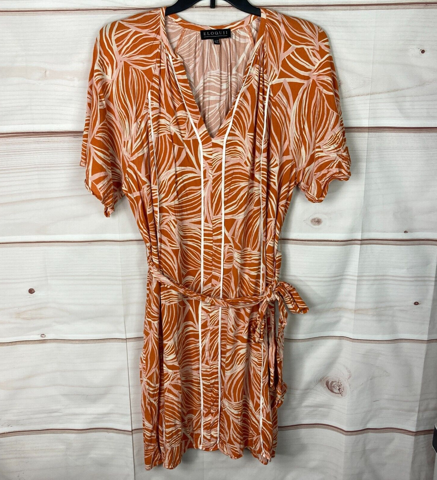 Eloquii Dress Womens 18 20 Orange Geometric Shift Short Sleeve V-Neck Belted