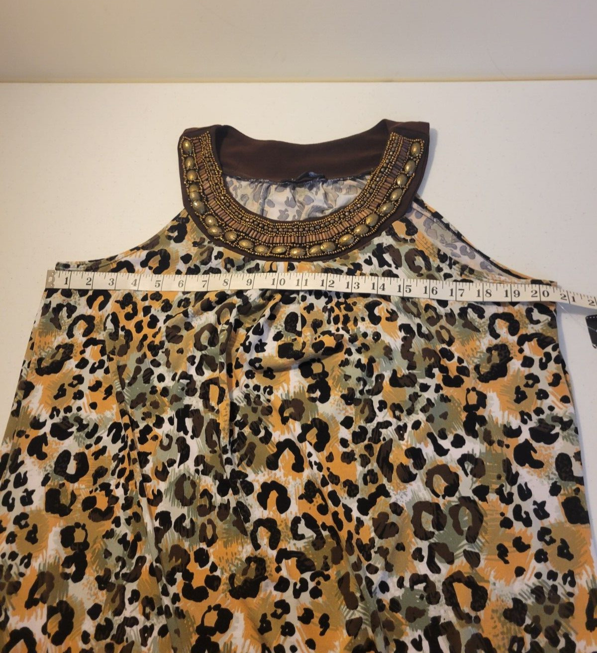 NWT Elementz Sleeveless Casual Dress Brown Leopard Print Beaded Women’s SZ Large