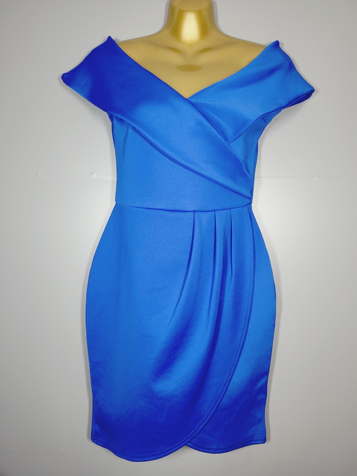 BNWT NEW BOOHOO DRESS SIZE 12 BLUE OFF SHOULDER WRAP 33″ Party HO22