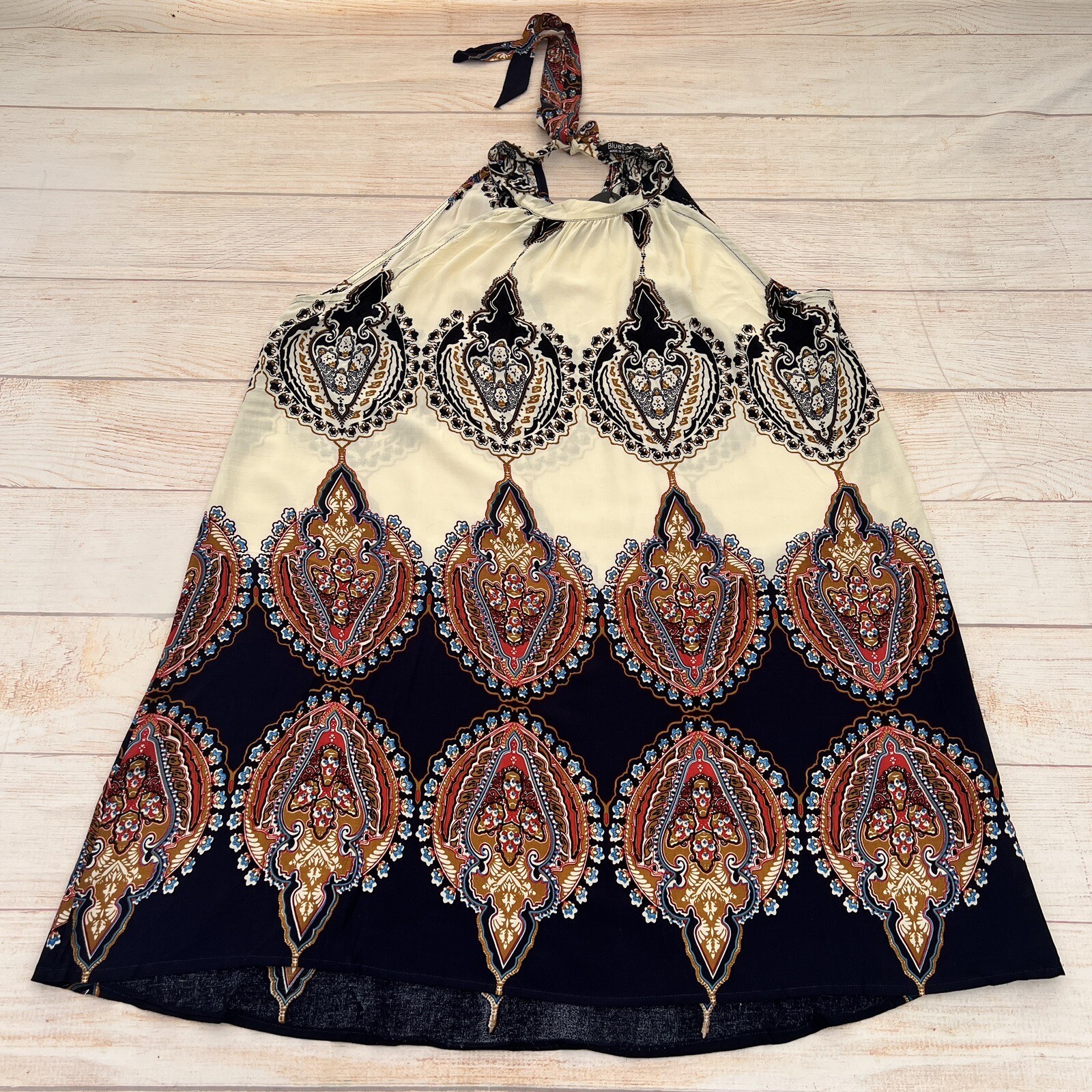 BlueTime Printed Temperament Sleeveless Hanging Neck Press Pleated Dress Beige S