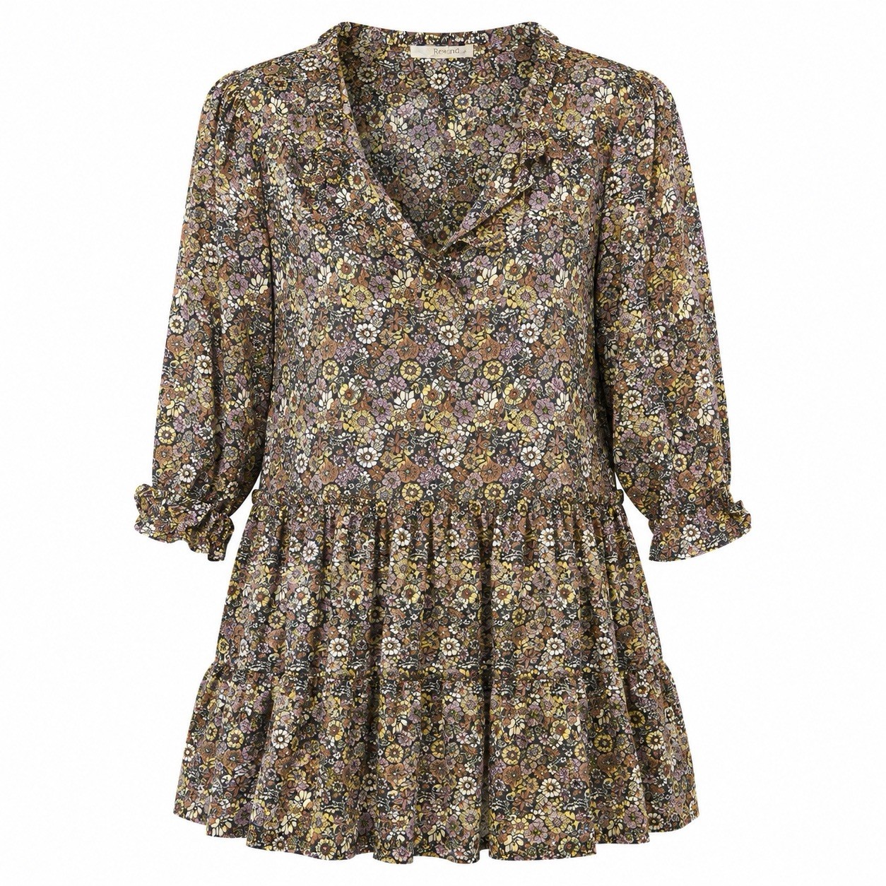 Rewind Floral Mini Dress Womens Small Boho Cottagecore Tiered V Neck 3/4 Sleeve