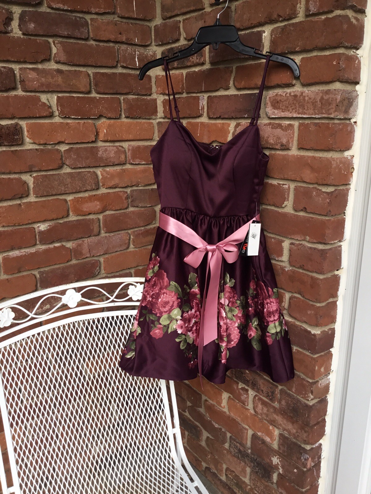 Teeze Me Wine Colored Cocktail Dress With Pink Floral Design & Kremlin Skirt 7
