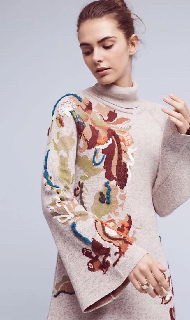 Knitted & Knotted Anthropologie Embroidered Sequin Petals Swing Sweater Dress S