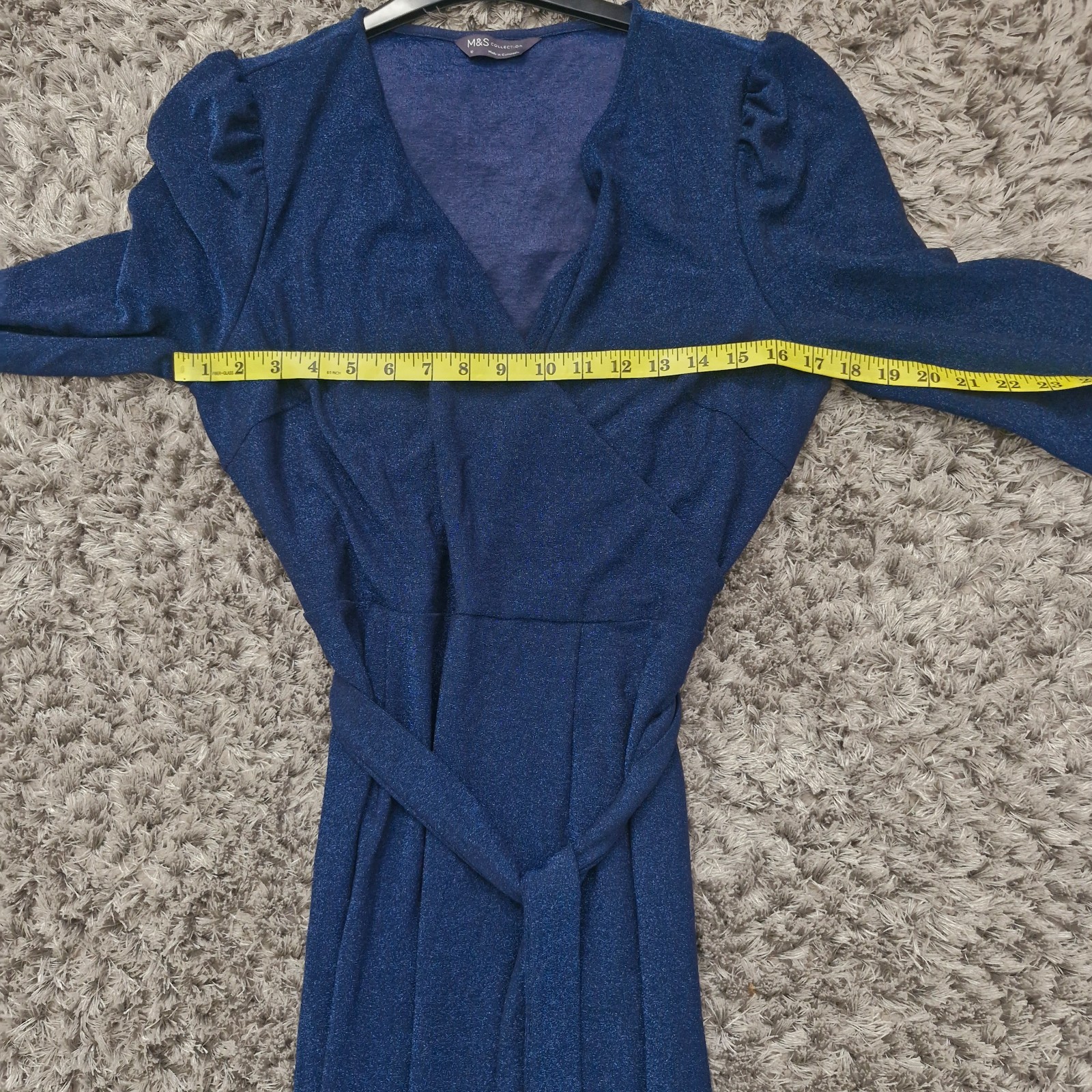 Marks And Spencer Sparkly Midi Dress Size UK 12 Navy Blue Stretch With Belt