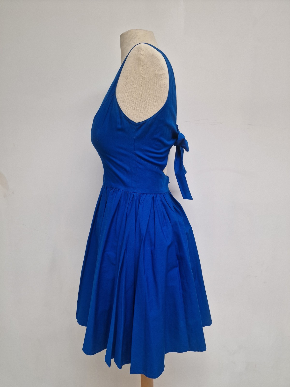 Vibrant Blue Skater Fit n Flare Backless Topshop Dress Bow Detail Cotton Size 10