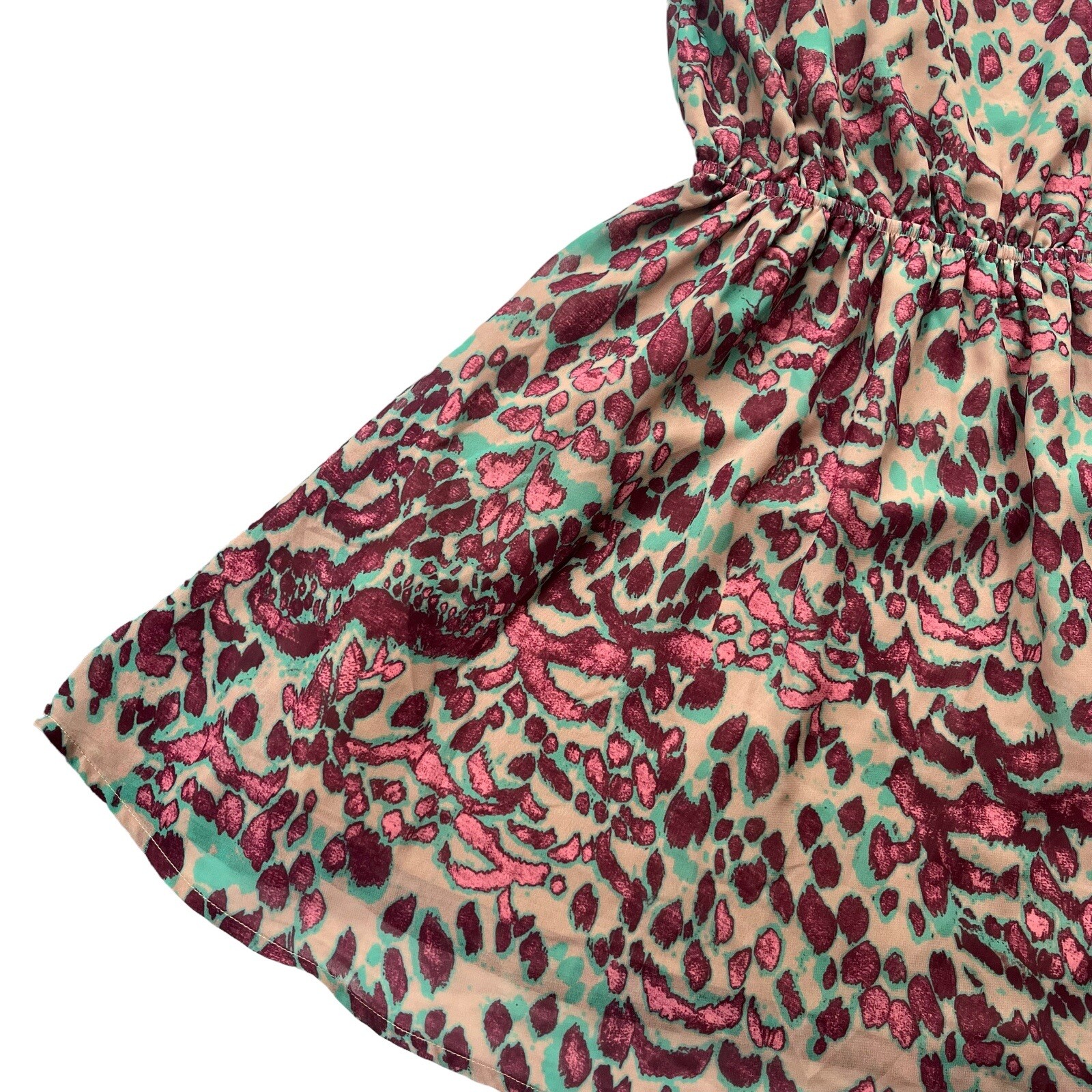 Miss Me Womens Size Medium Tan Teal Pink Animal Abstract Pattern Tank Mini Dress
