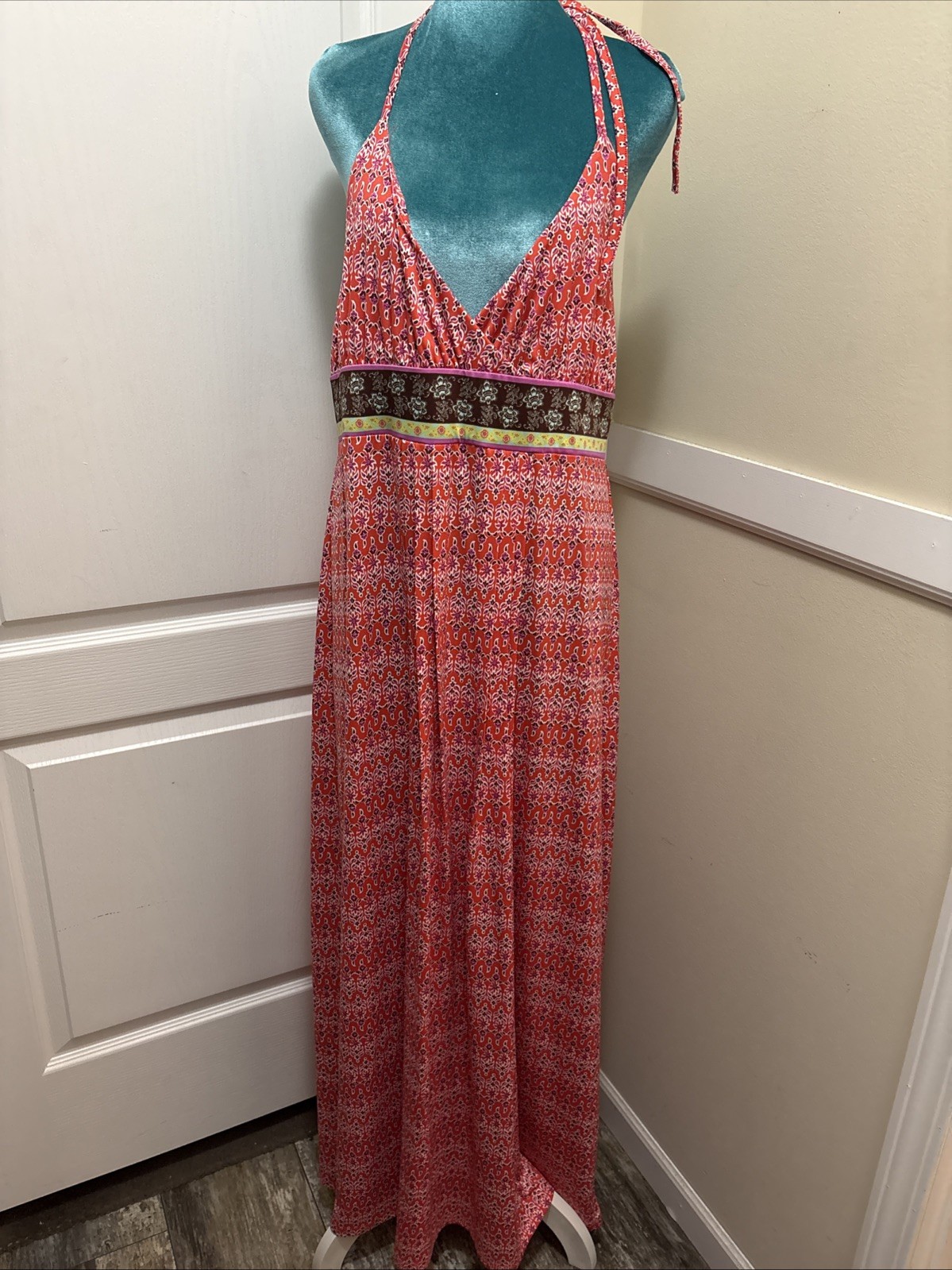 Autumn Colors Halter Spaghetti Strap Maxi Boho Festival Hippie Sun Dress Large