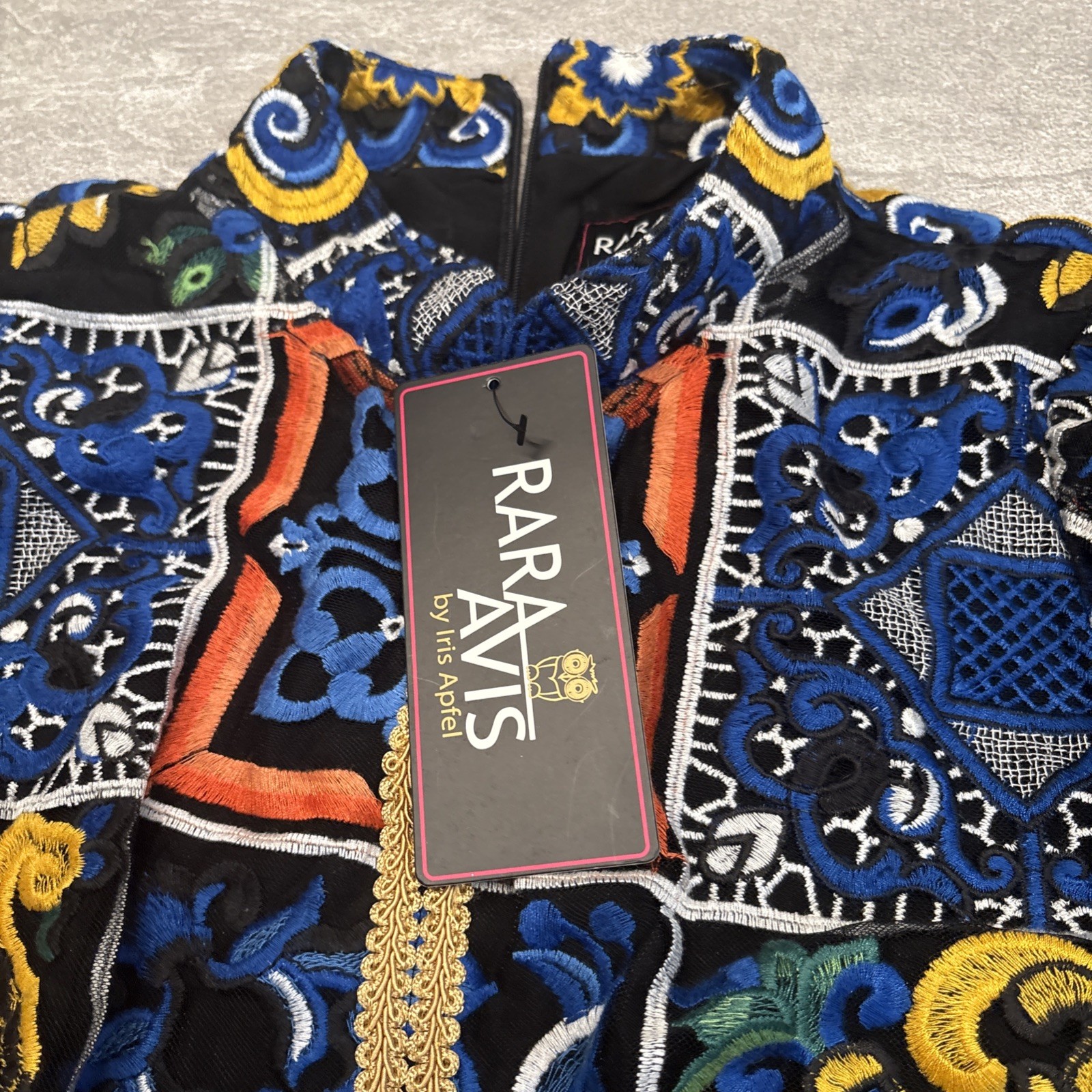 Rara Avis by Iris Apfel Kaftan Dress Maxi Embroidered Mesh Artsy Black Multi XS