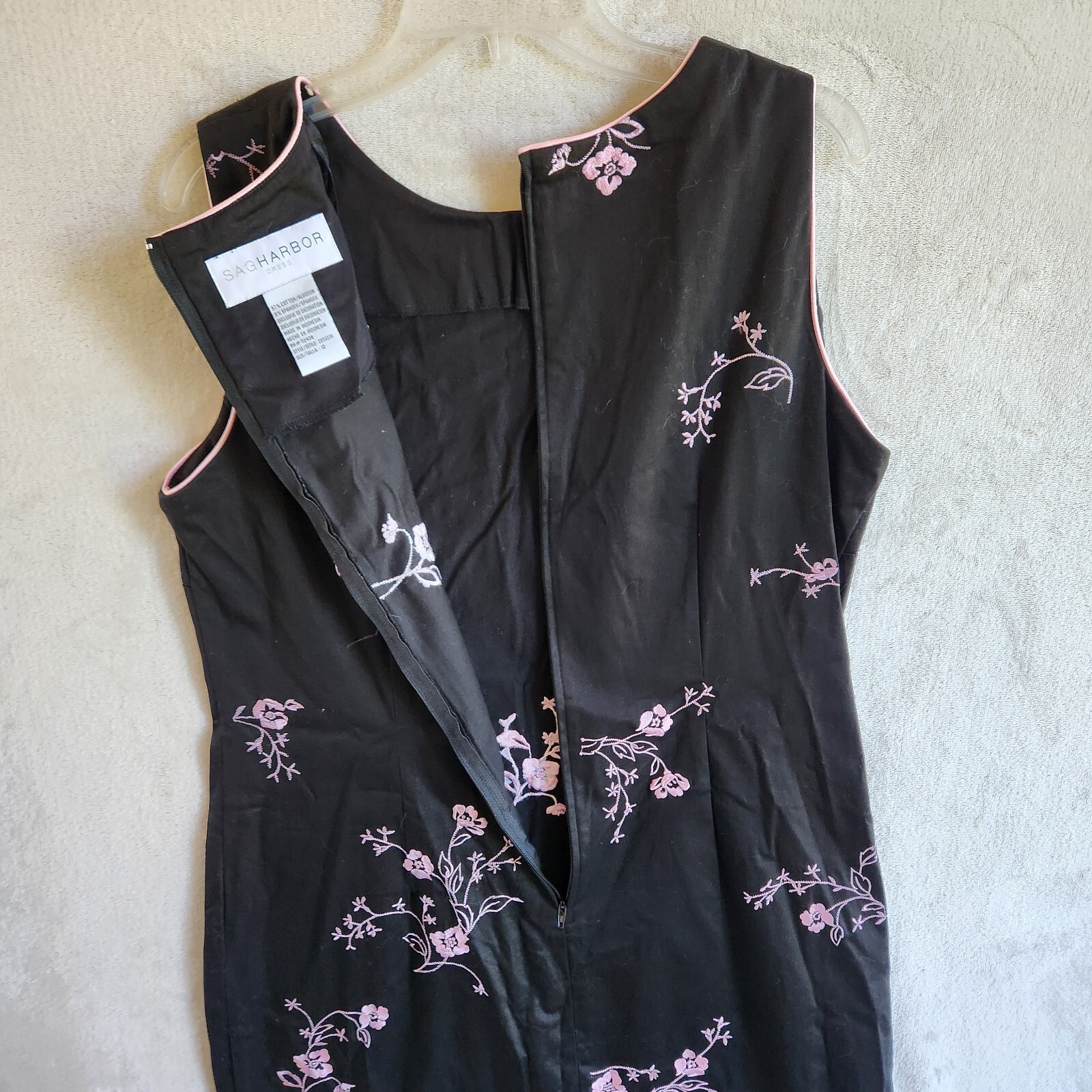 Sag Harbor Embroidered Dress Black & Pink Floral Asian Inspired Retro Sheath 12