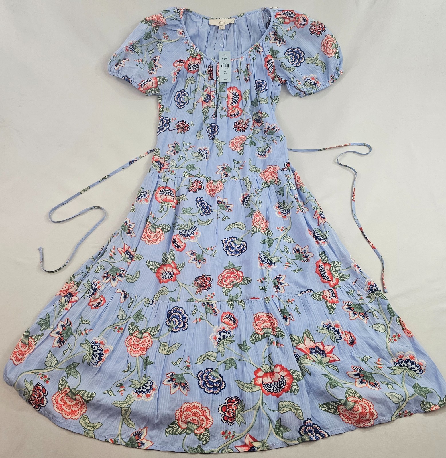 Loft dress womens XS P Petite blue rayon short sleeve belted $99