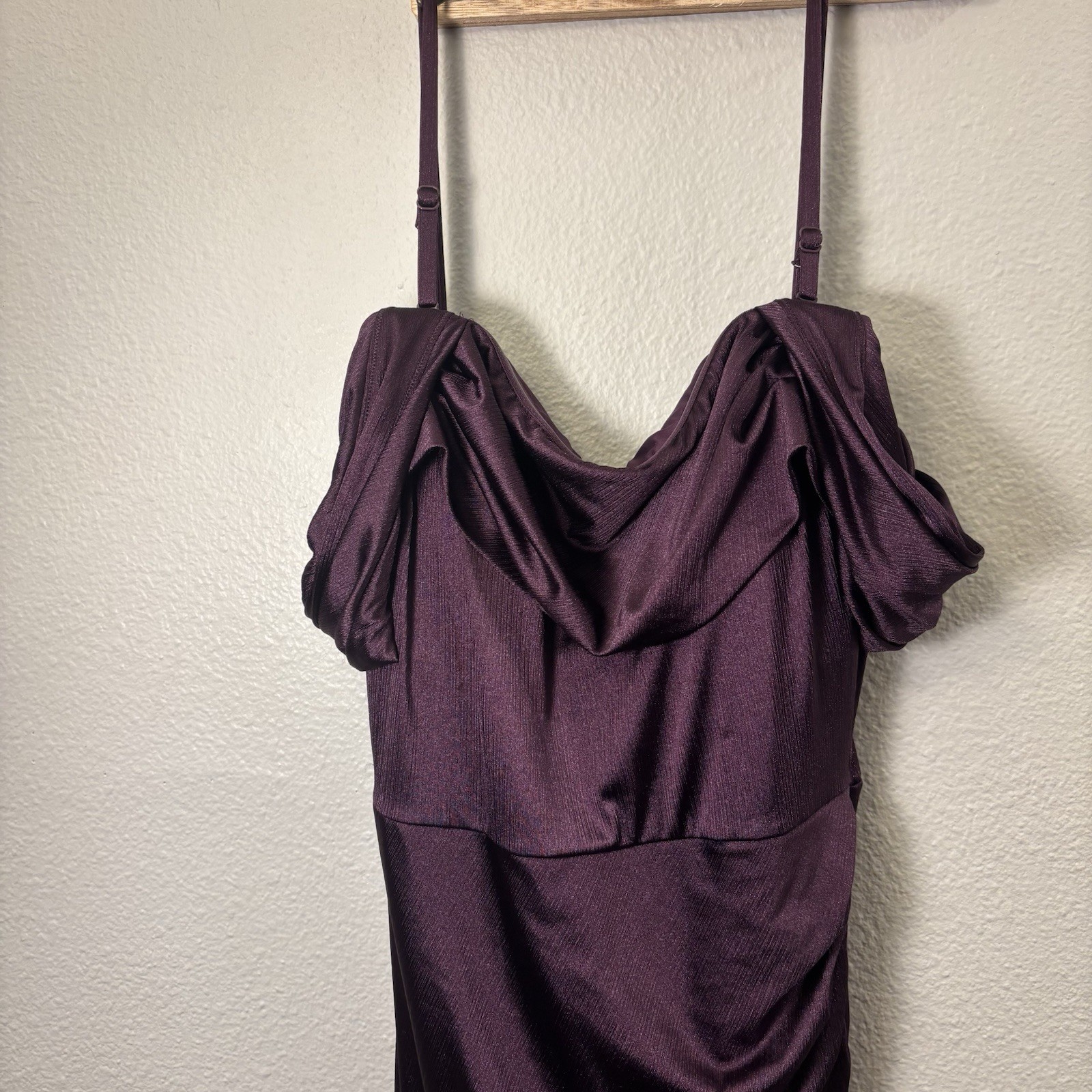 Popilush Purple Satin Cowl Neck Maxi Dress Size L Adjustable Strap Ruched Draped