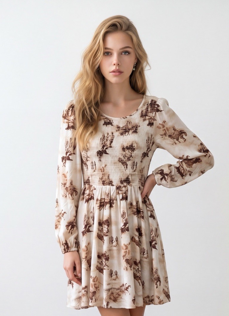 NWT Wrangler Retro Western Desert Horse Print Smocked Dress Medium Rodeo