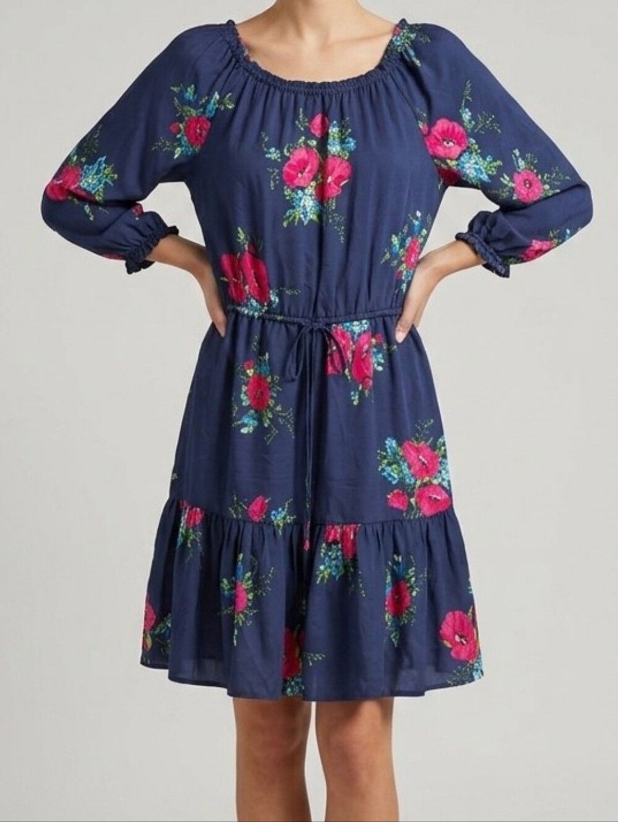 Joie 100% Silk Floral Dress Navy Pink Red Poppy Ruffle Hem Size M