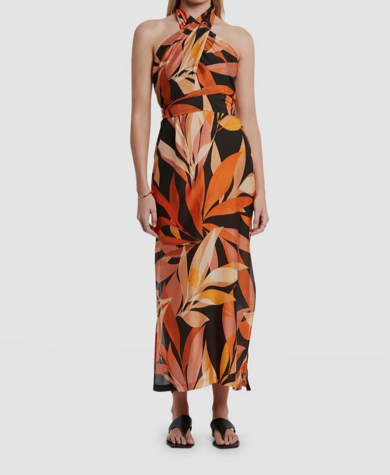 $300 Jets Australia Womens Orange Silk Halter Neck Front Wrap Maxi Dress Size XS