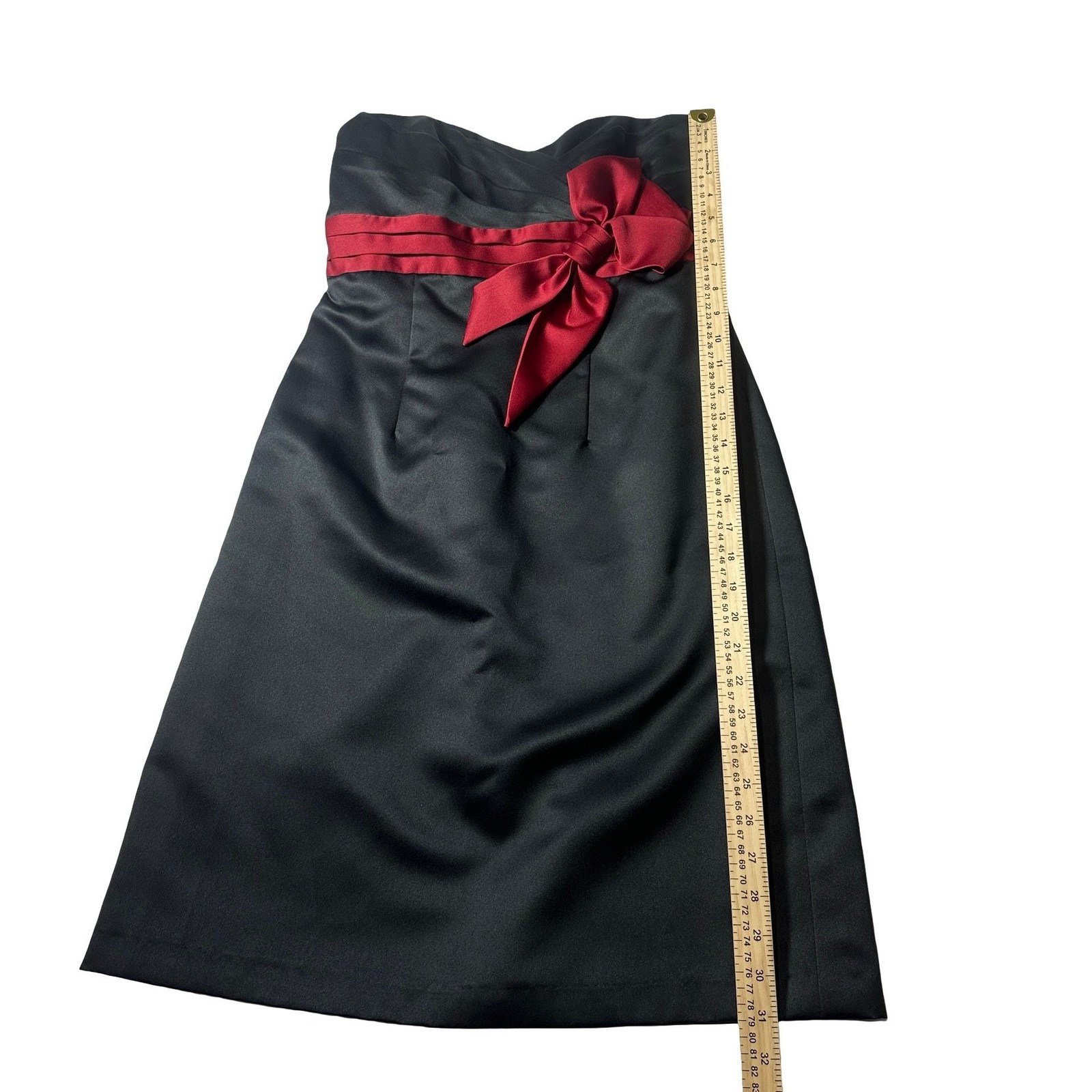 Alfred Angelo Strapless Black Satin Cocktail Dress 8 Red Claret Sash Bow Formal
