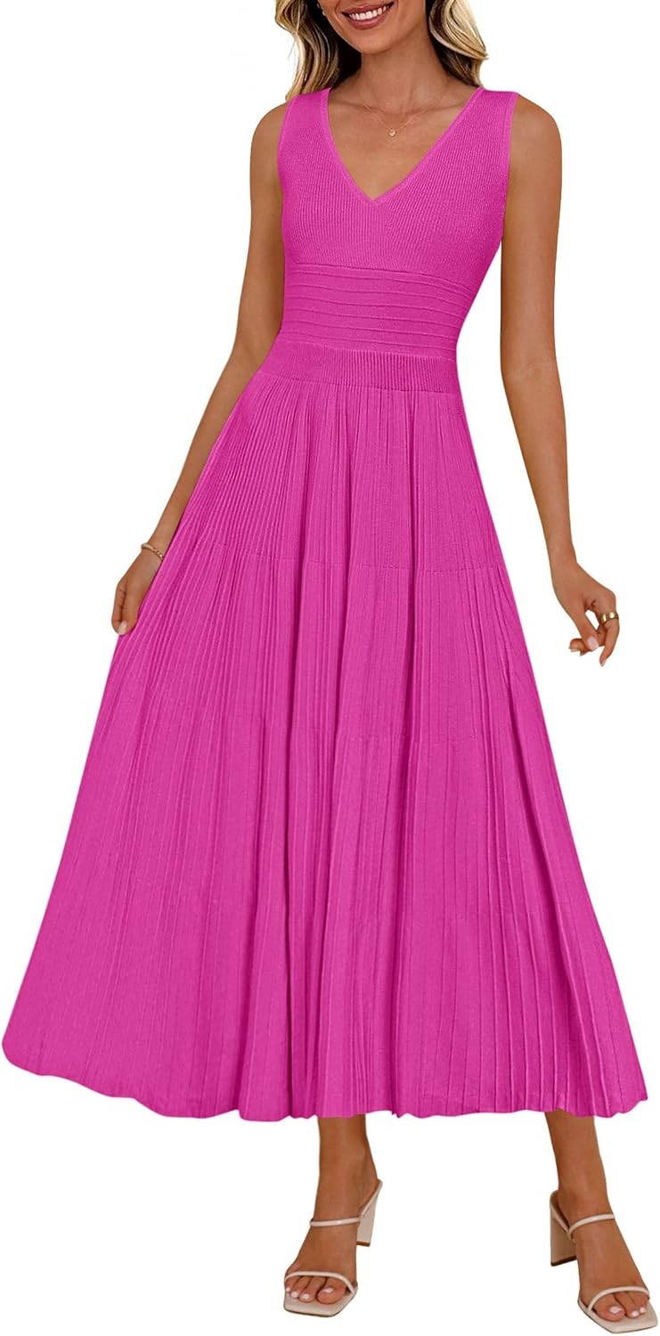 Summer Dresses for Women 2026 Spring Casual Sleeveless V Neck Pleated Midi Work