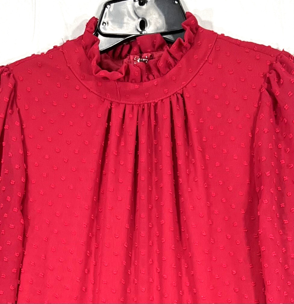 FRANCESCA’S Mi Ami RUBY RED Swiss Dot Chiffon SHEER BACK/SLEEVES Tiered Dress M