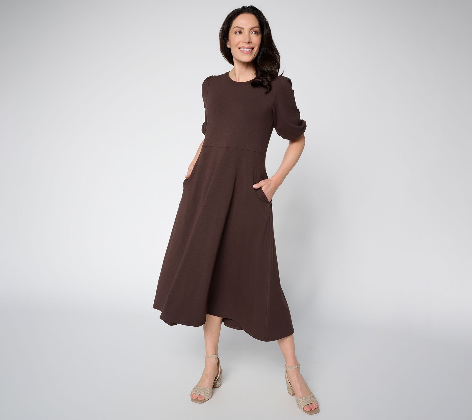 Ree by The Pioneer Woman Regular Puff Sleeve Knit Midi Dress Coffee Bean M New