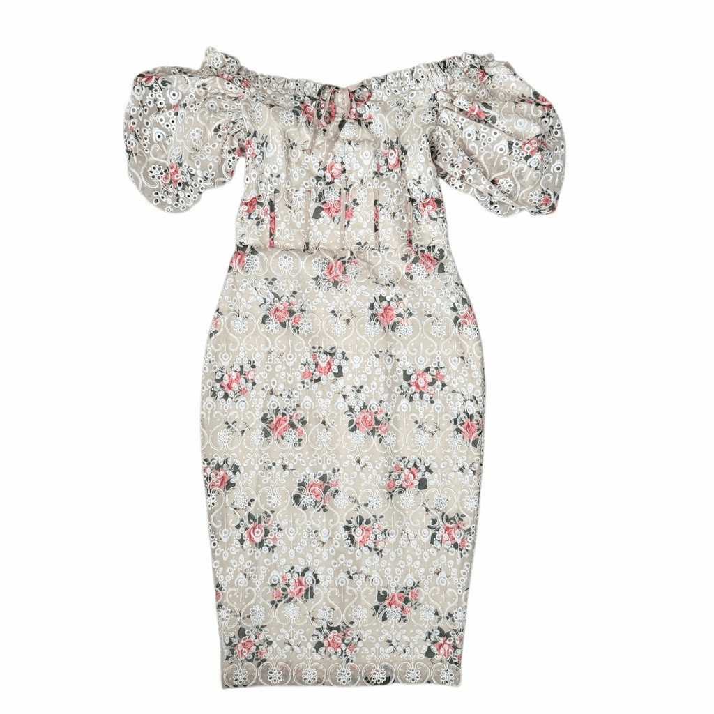Lavish Alice Off Shoulder Floral Lace Midi Dress Puff Sleeve Corset Sz 6 NWT