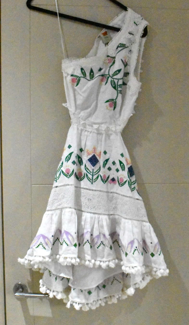 FARM RIO Embroidered Pom Pom Crochet Trim Cutout Elastic & Adjustable ties Dress