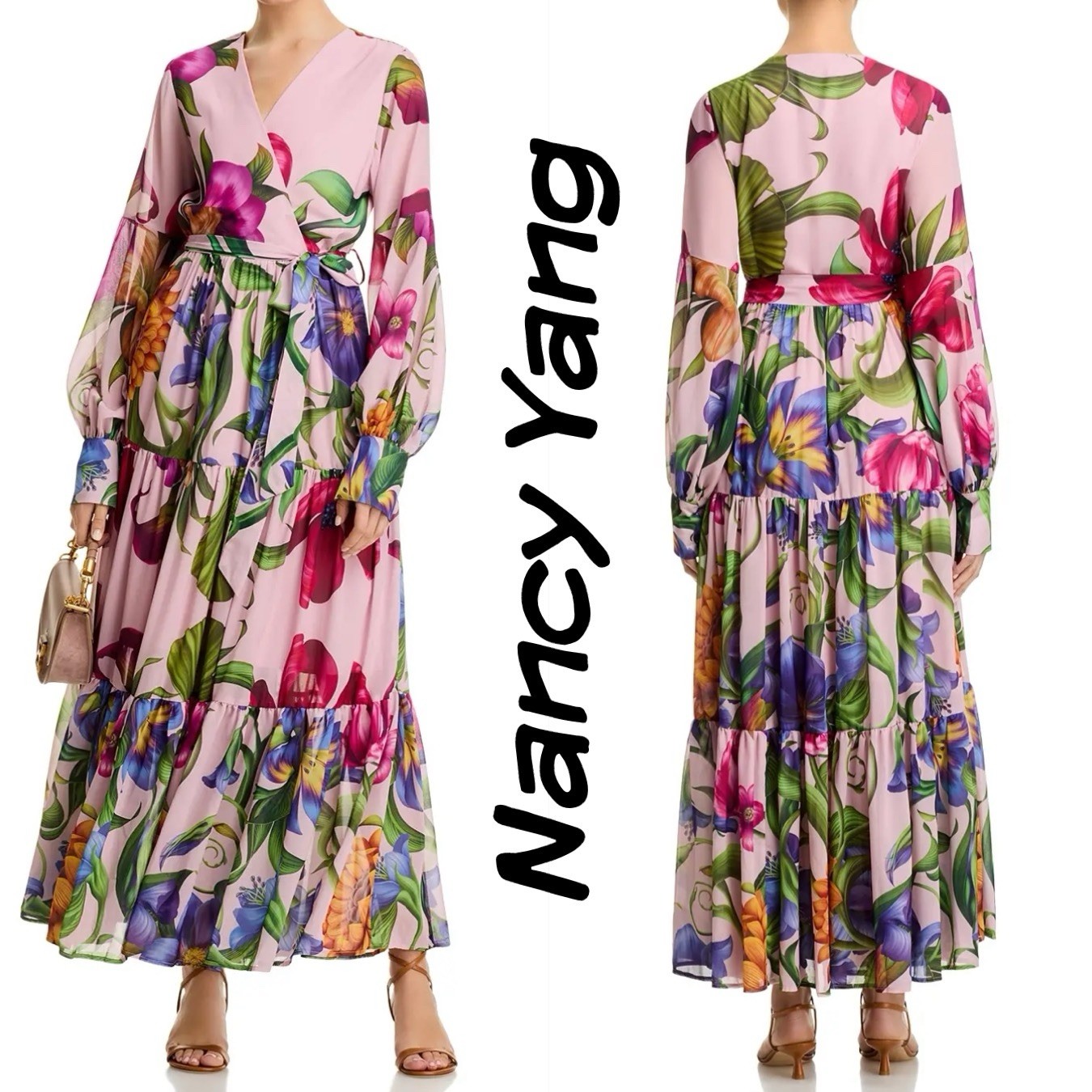 Nancy Yang Floral V Neck Maxi Dress w/ Lantern Sleeves – XS (Missing belt)