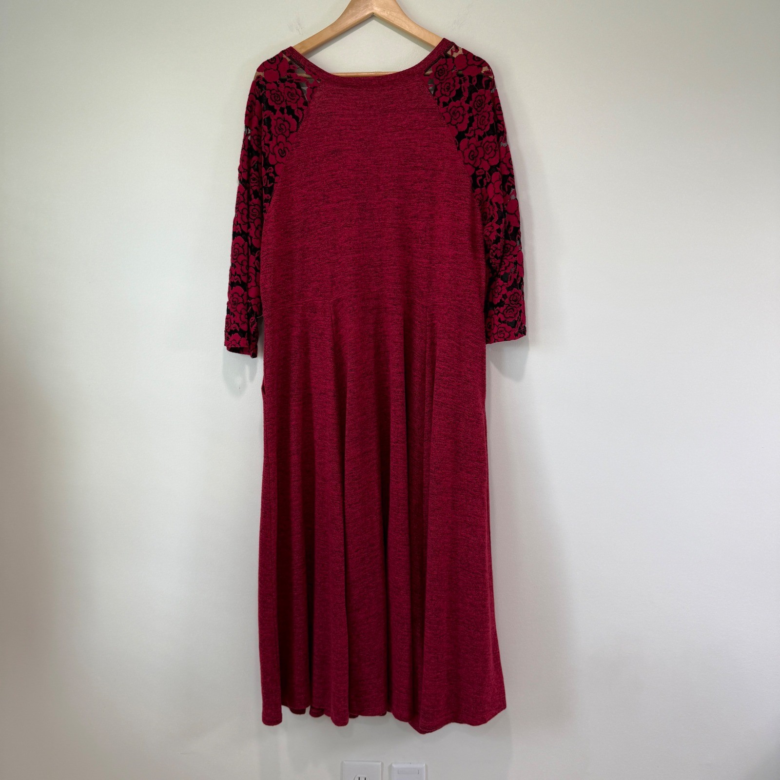 Torrid Super Soft Red Plush Skater Midi Dress 3X Sheer 3/4 Lace Sleeve Pockets