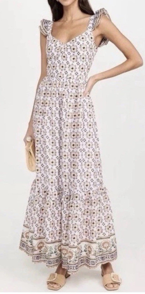 Cleobella Nica Maxi Long Sun Dress Marrakesh Print 100% Cotton Ruffle Sleeve M