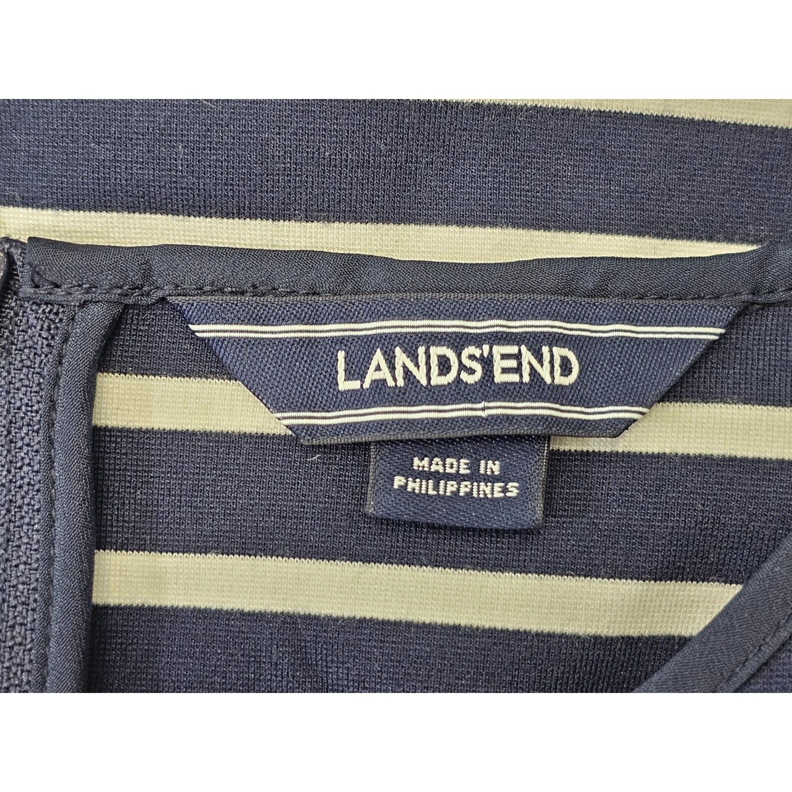 Lands’ End 2 Navy White Striped 3/4 Sleeve Shift Sheath Dress Nautical EUC