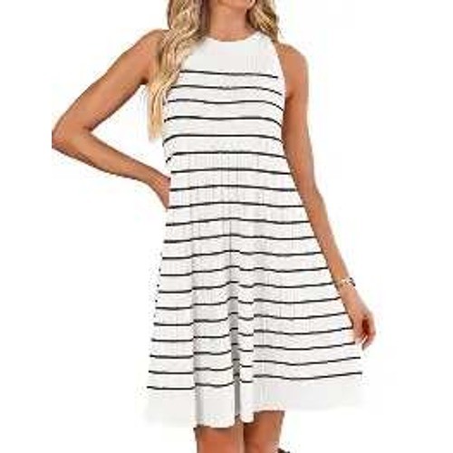 ZESICA Womens White Black Striped Sleeveless Ribbed Knit A-Line Sweater Dress