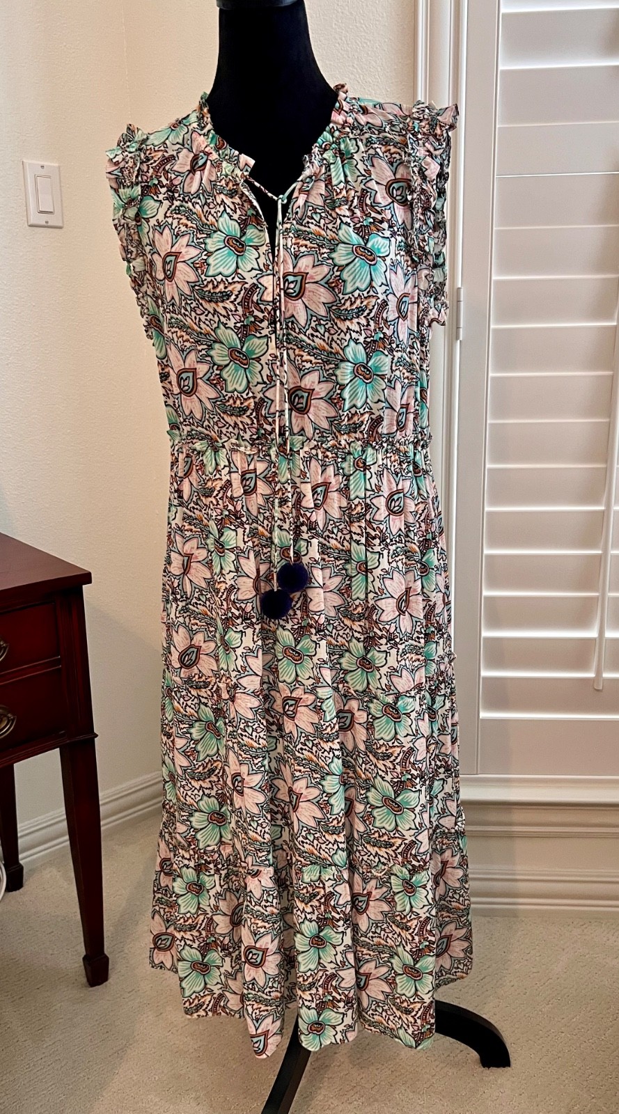 Figue Floral Maxi Dress Size M Sleeveless PomPom Ties Pink Aqua Designer Coverup