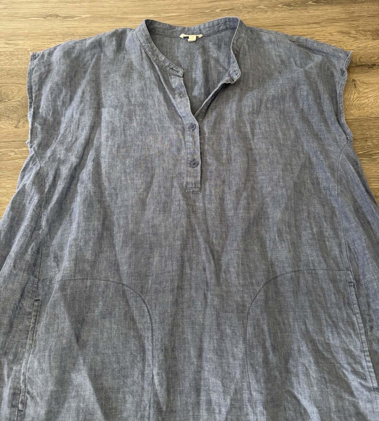 EILEEN FISHER Organic LINEN Mandarin COLLAR DENIM Front Pockets SHIRTDRESS XL 🔥