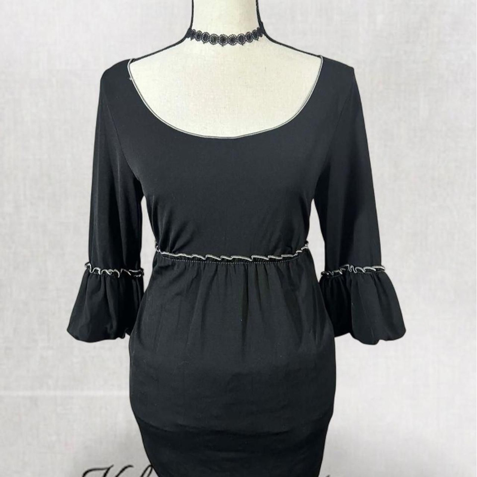 Babydoll Goth Puff Sleeve Top with White Trim