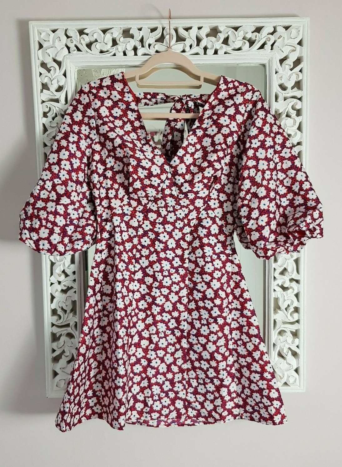 Topshop Red, Blue and Ivory Floral Spot Tea Dress, UK Size 8 New
