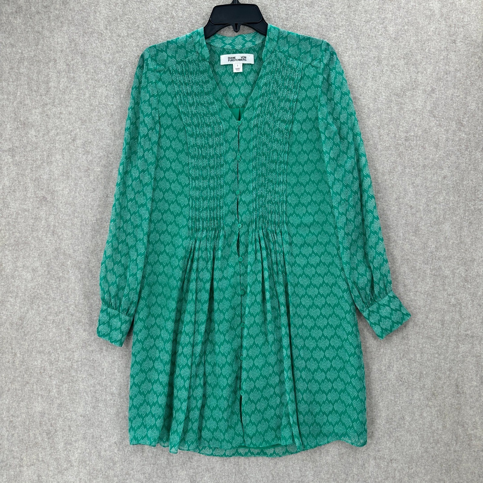 DIANE VON FURSTENBERG Green SILK Button Front Shirt Babydoll Dress SZ 2