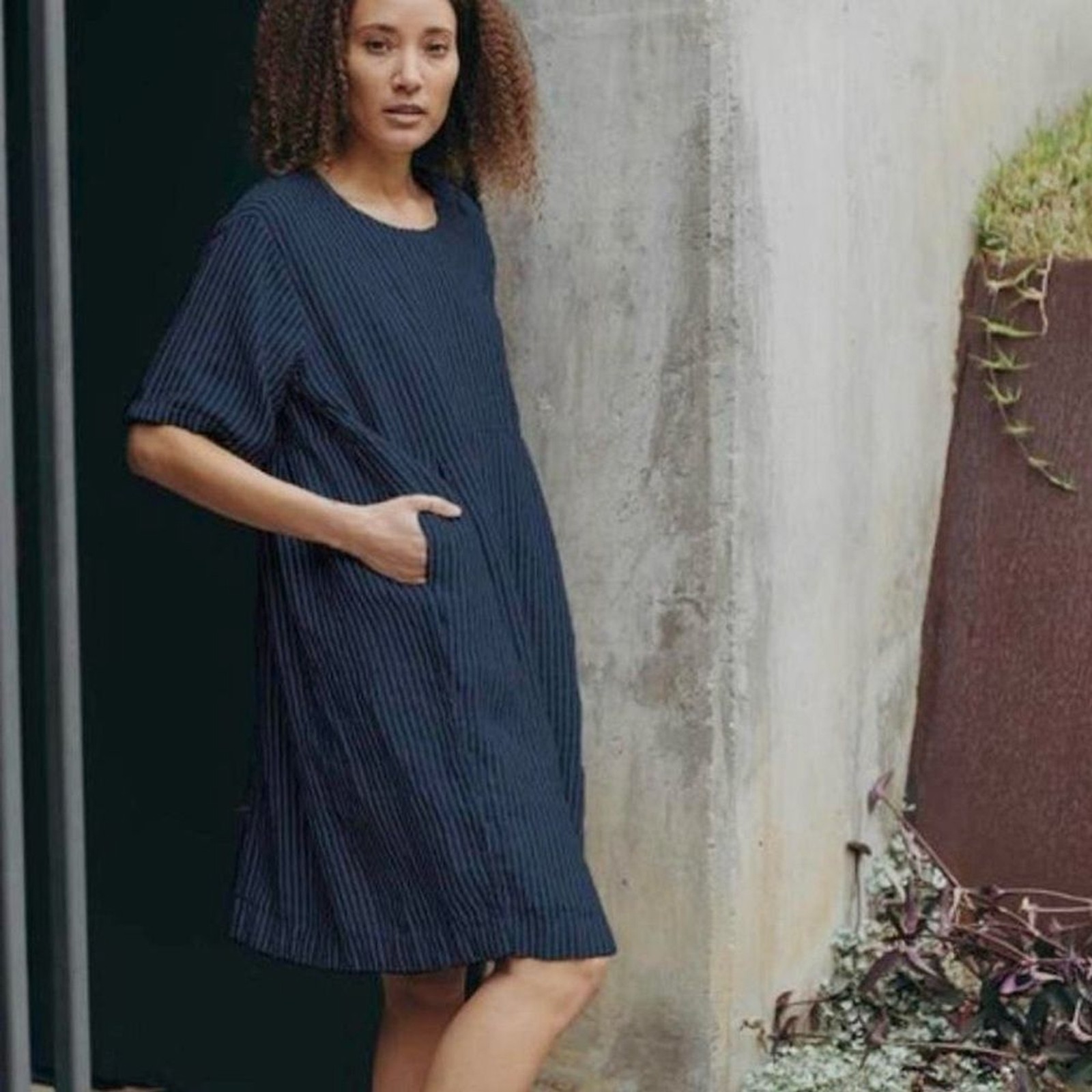 ESBY Apparel Agnes Navy Blue Striped Linen Dress Size Small